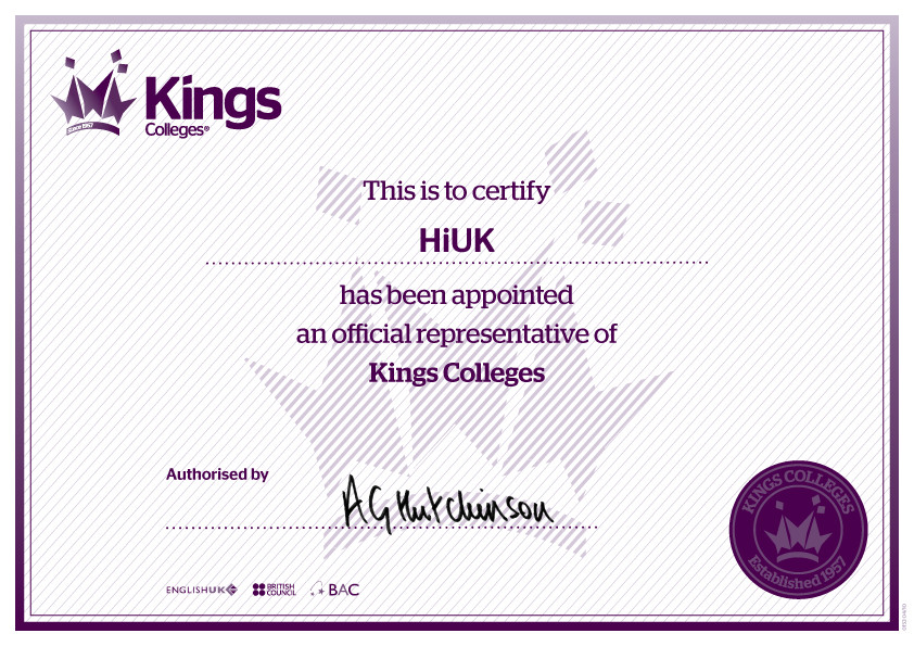 Сертификат представителя школы Kings в России